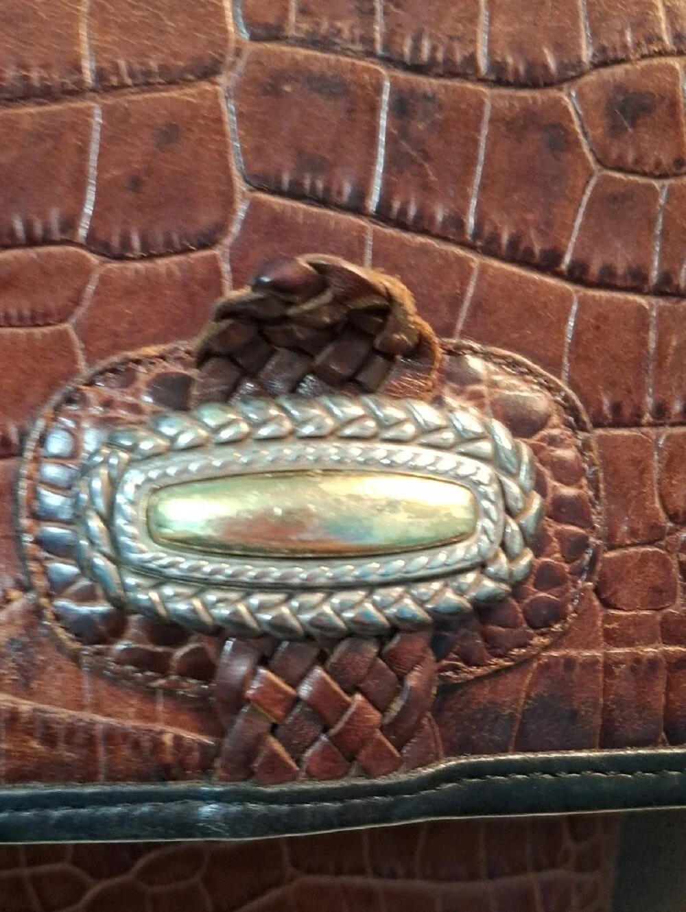 Brighton Magdaleine Brown Croc-Embossed & Black Leather Crossbody Vintage